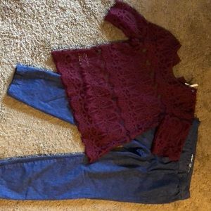 BCBG top and old navy pixie pants. Denim.